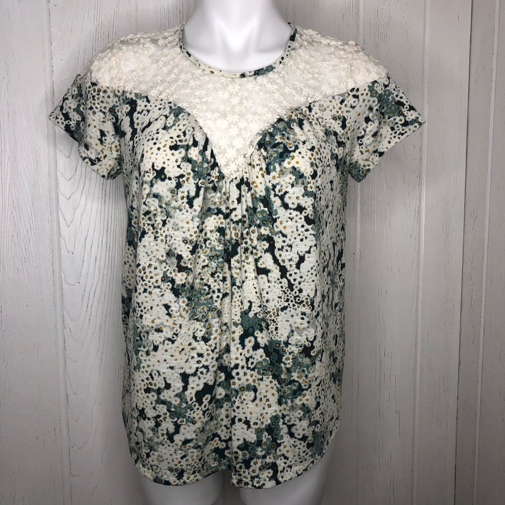 Peasant Top Ivory Floral Lace Knit Green Blue M S/S Tee Womens